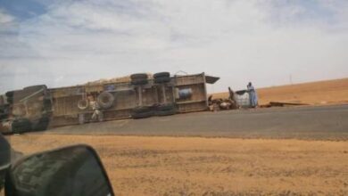 صورة انزلاق شاحنة عند الكلم 160 على الطريق الرابط بين نواكشوط واكجوجت